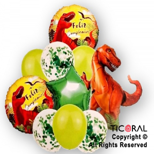 SET DE GLOBOS METALIZADOS DINOSAURIO Y LATEX CON CONFETI x 10 UNIDADES